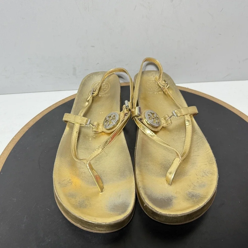 Tory Burch Sandals Womens Size 11 Gold Leather Thong Slingback Logo Casual